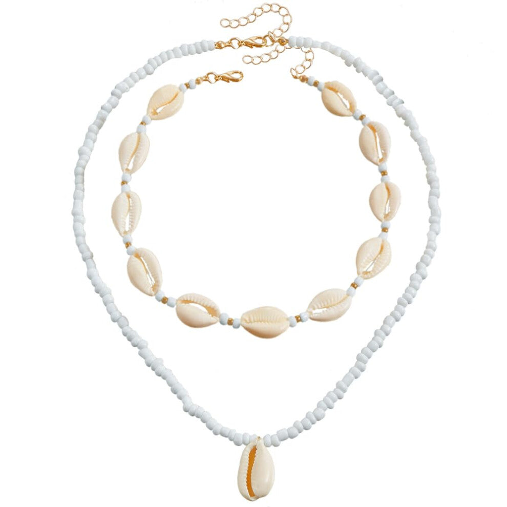 Pack of 2 Natural Shell Choker Necklaces for Women, Boho Shell Jewelry Bracelet Set, Handmade Shell Chain Accessories