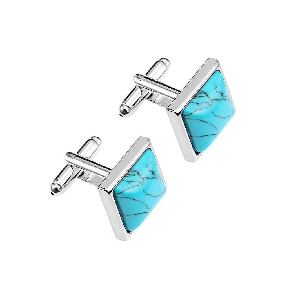 Cufflinks for Men, Square Natural Turquoise Stone Cufflinks Set, Stainless Steel Classic Accessories for Suits
