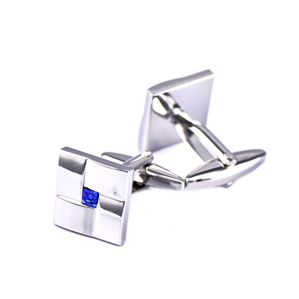 Cufflinks for Men Silver Blue Square Design with Zirconia for Weddings, Birthdays, and Formal Events