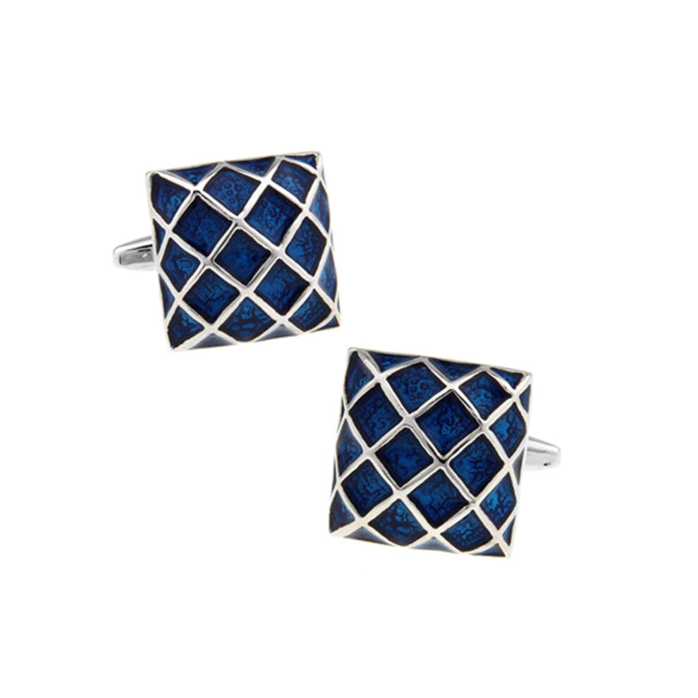 Shirt with Cufflinks Men's Copper Blue Square Grid Cufflinks Set for Wedding Birthday Gift