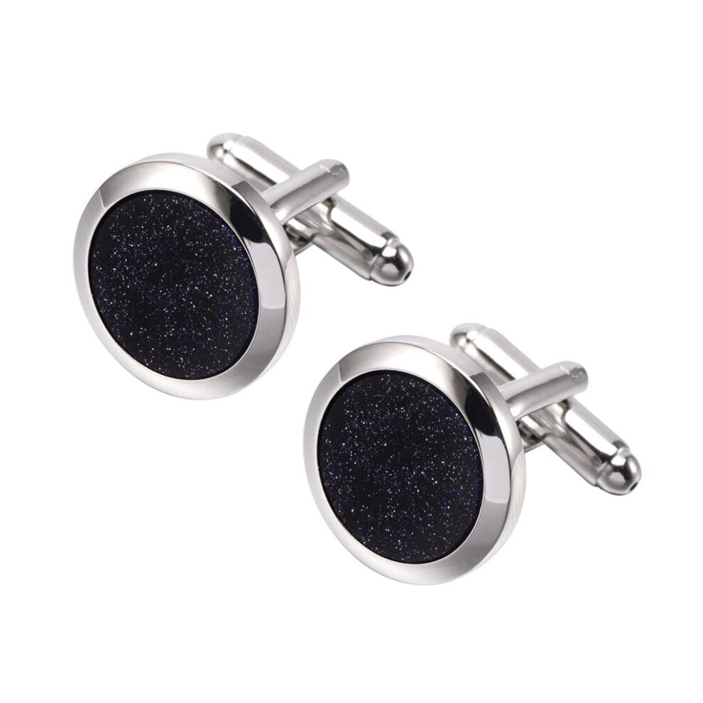 French Cufflinks with Starry Sky Design, Gold and Black Angled Sleeve Studs, Formal Suit, Blue Sandstone Cufflink