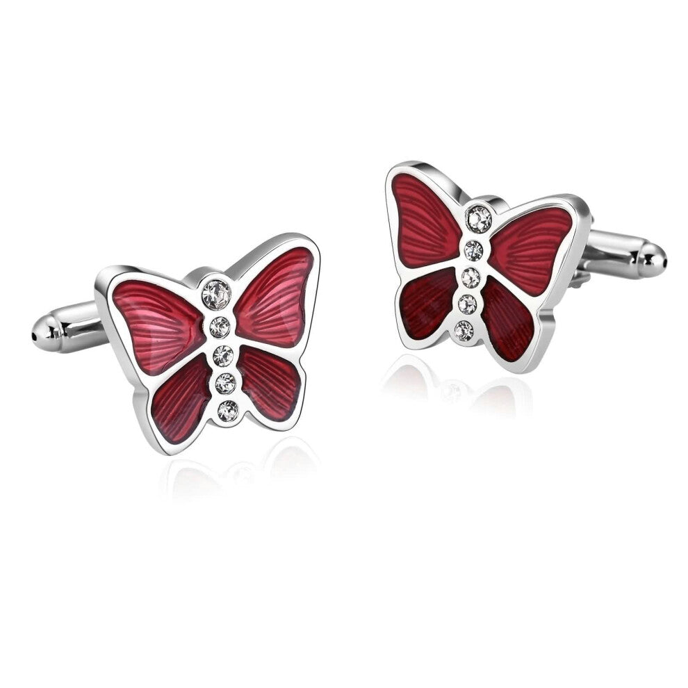 Men's Cufflinks with Engraving, Titanium Stainless Steel Butterfly Cufflinks, Silver and Red Jewelry Gift