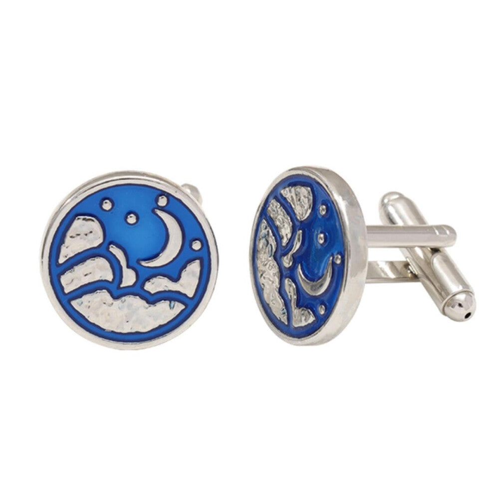Blue Sea Wave Moon Cufflinks for Men - Silver Tone Round Metal Cufflinks for Shirt, Gift for Father, Boy, Anniversary