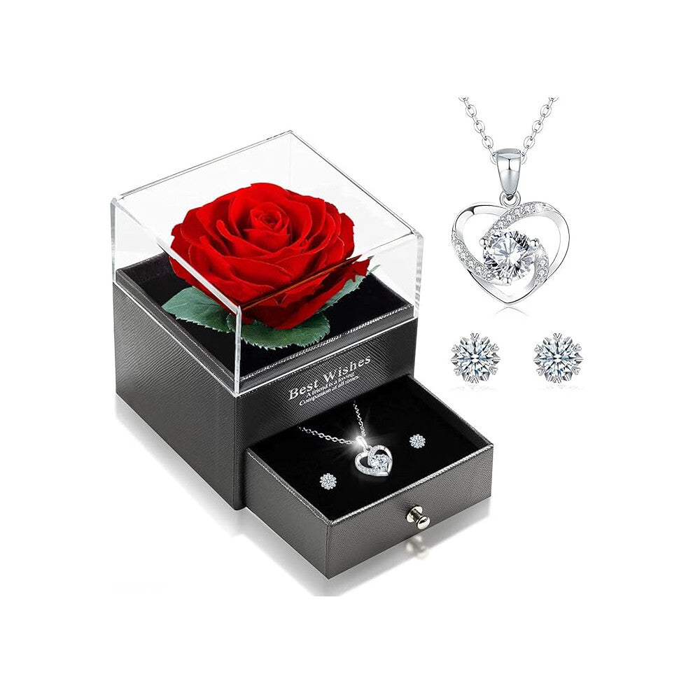 Eternal Real Rose with Heart Necklace and Earrings Made of 925 Sterling Silver, Infinity Roses, Jewellery Gift Box, Rose Box Birthday