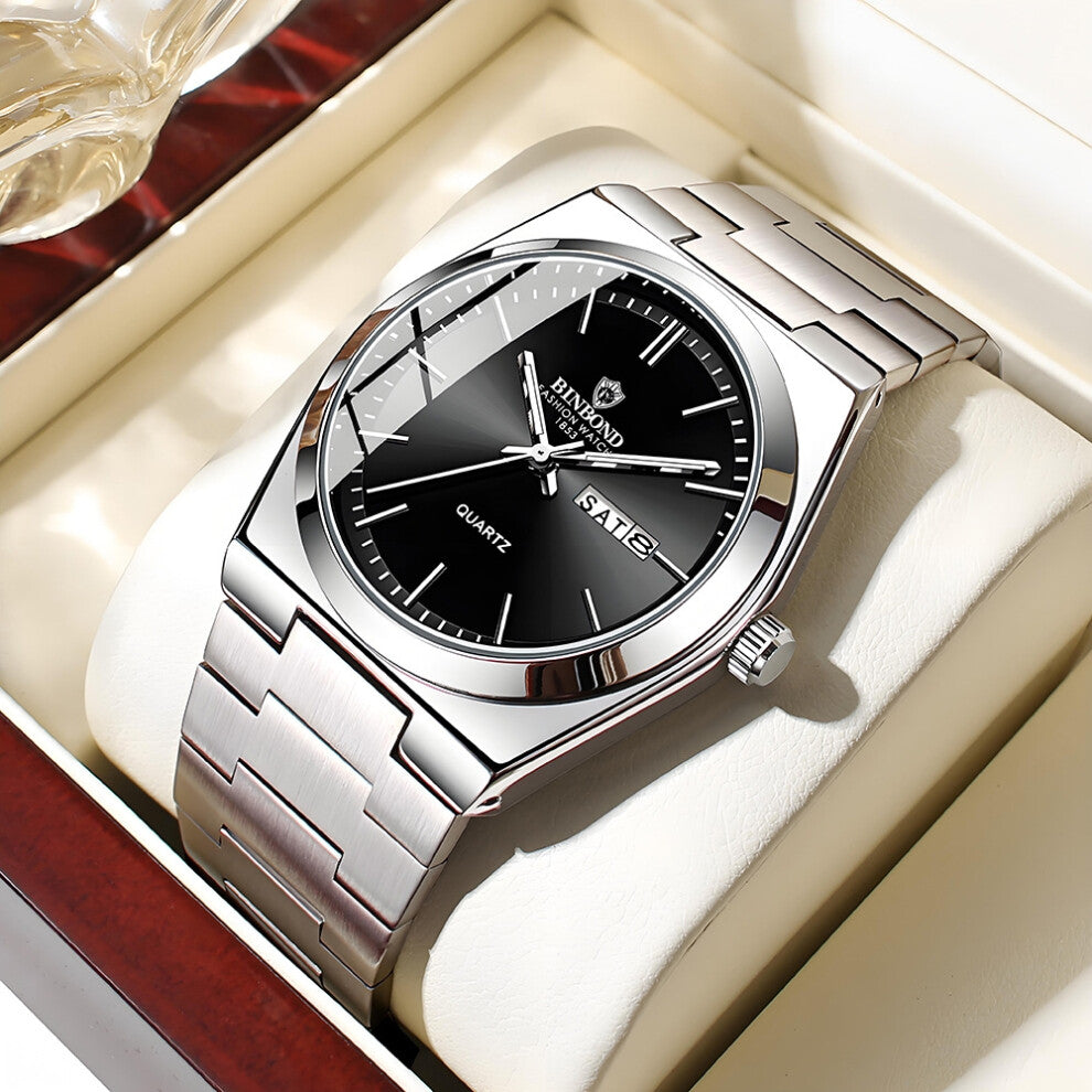 (White steel - black surface) Men's watches, fully automatic, fashionable, business and trendy men's brand-name wristwatches