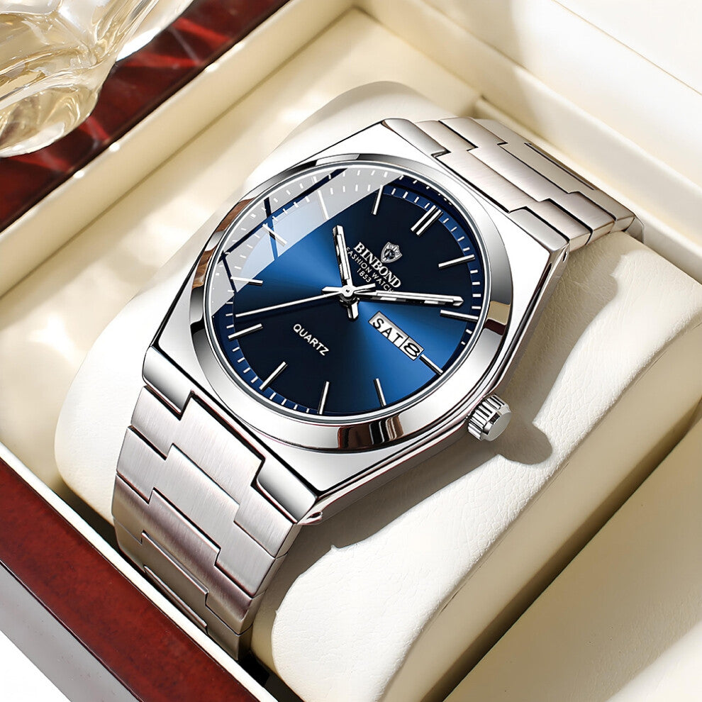 (White steel - blue surface) Men's watches, fully automatic, fashionable, business and trendy men's brand-name wristwatches