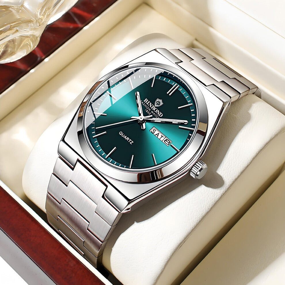 (White steel - green surface) Men's watches, fully automatic, fashionable, business and trendy men's brand-name wristwatches