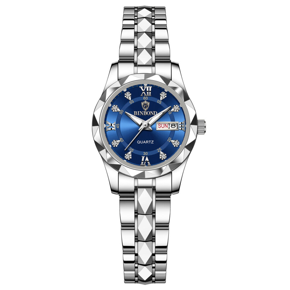 (Women's style - white steel - blue dial) Ladies' watches, female students' fashionable luminous watches, women's light luxury quartz wristwatches