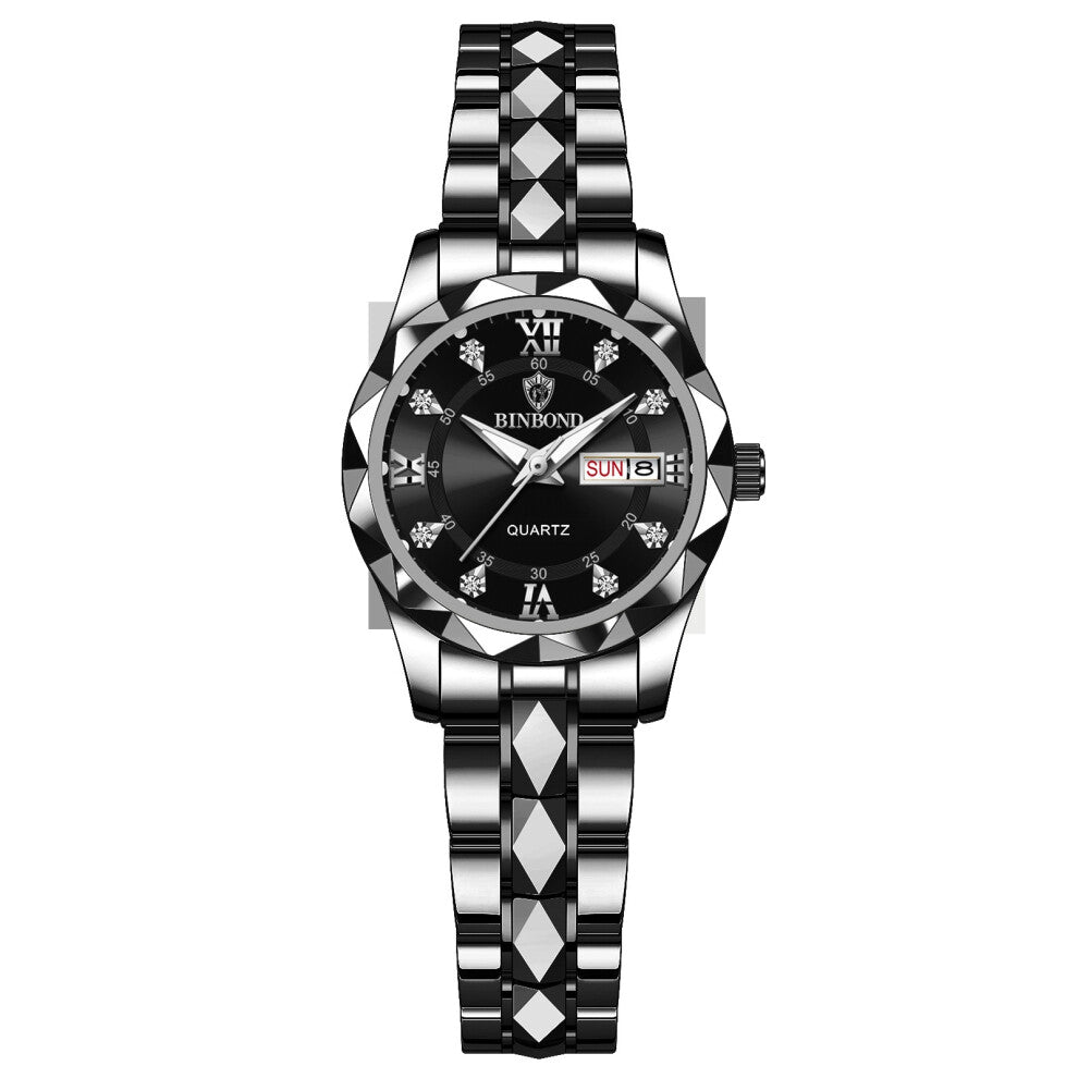 (Female style - black steel - black face - white nails) Ladies' watches, female students' fashionable luminous watches, women's light luxury quartz wr