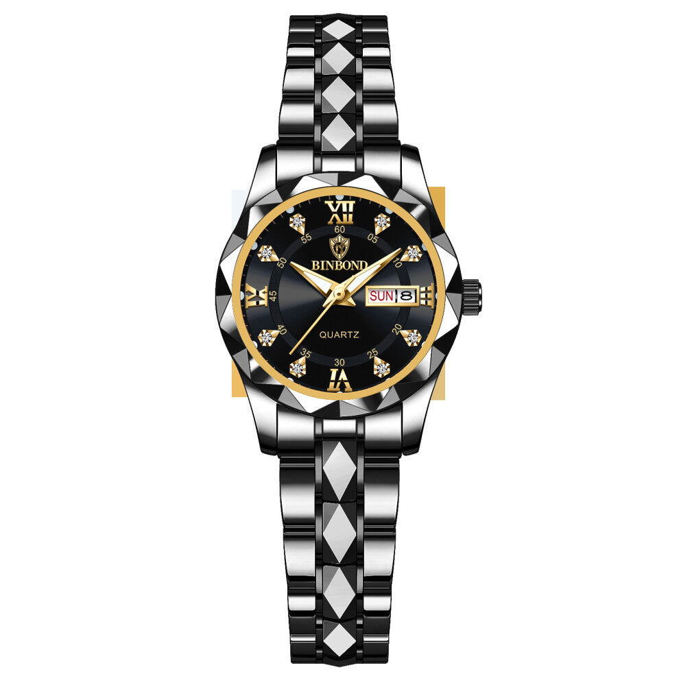 (Women's style - black steel - black face - gold nails) Ladies' watches, female students' fashionable luminous watches, women's light luxury quartz wr