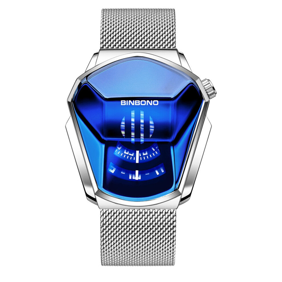 (White mesh belt - white steel - blue surface) Men's watches, trendy watch style, motorcycle concept watches, men's black technology watches