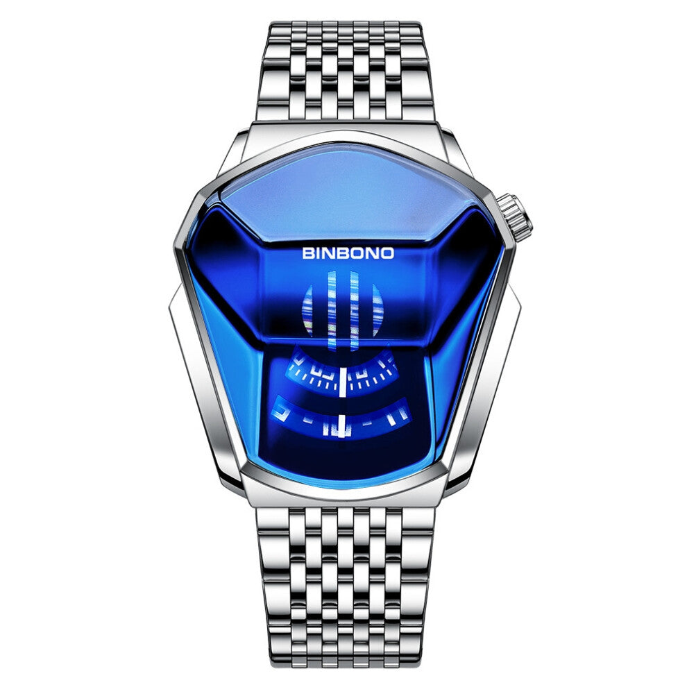 (Steel band - white steel - blue surface) Men's watches, trendy watch style, motorcycle concept watches, men's black technology watches