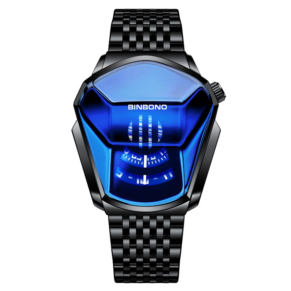 (Steel band - black steel - blue surface) Men's watches, trendy watch style, motorcycle concept watches, men's black technology watches