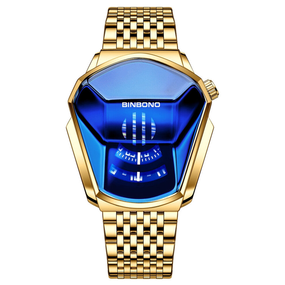 (Steel band - all gold - blue surface) Men's watches, trendy watch style, motorcycle concept watches, men's black technology watches