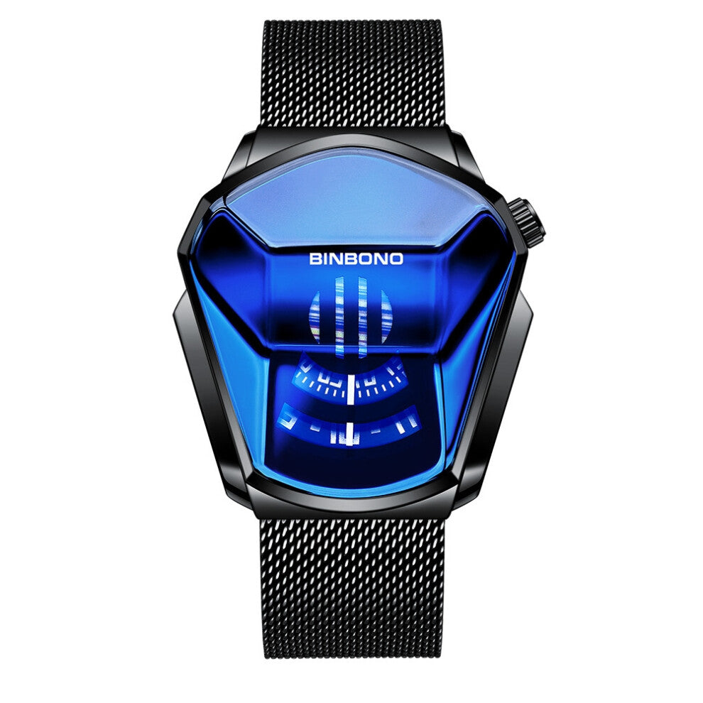 (Black mesh belt - black steel - blue surface) Men's watches, trendy watch style, motorcycle concept watches, men's black technology watches