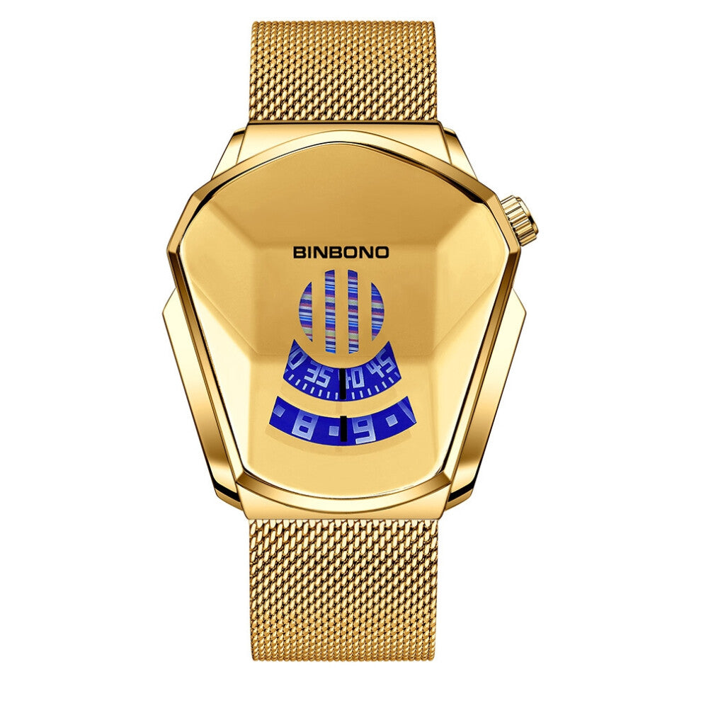 (Gold mesh belt - all gold - gold surface) Men's watches, trendy watch style, motorcycle concept watches, men's black technology watches