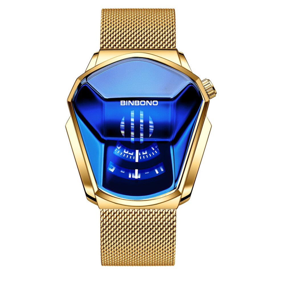 (Gold mesh belt - all gold - blue surface) Men's watches, trendy watch style, motorcycle concept watches, men's black technology watches