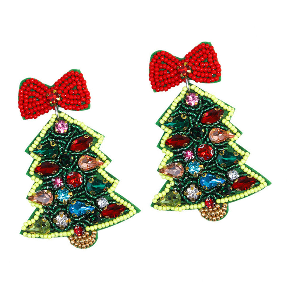 Handmade Beaded Christmas Earrings-bow christmas tree