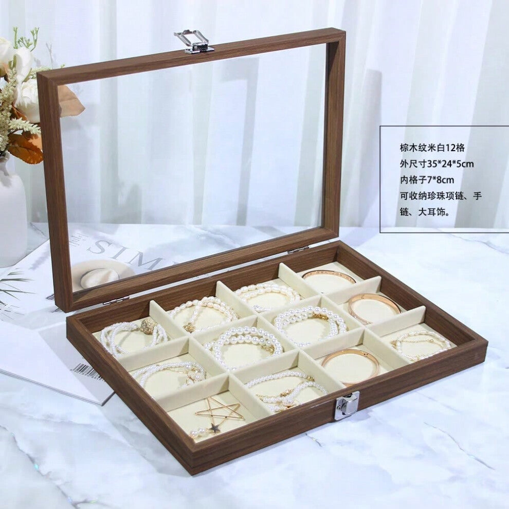 (Walnut wood grain 12-compartment organizer (beige velvet interior)) New Bla Walnut Wood ain Jewelry Storage Box Display Tray Ring Earring Bracelet ow