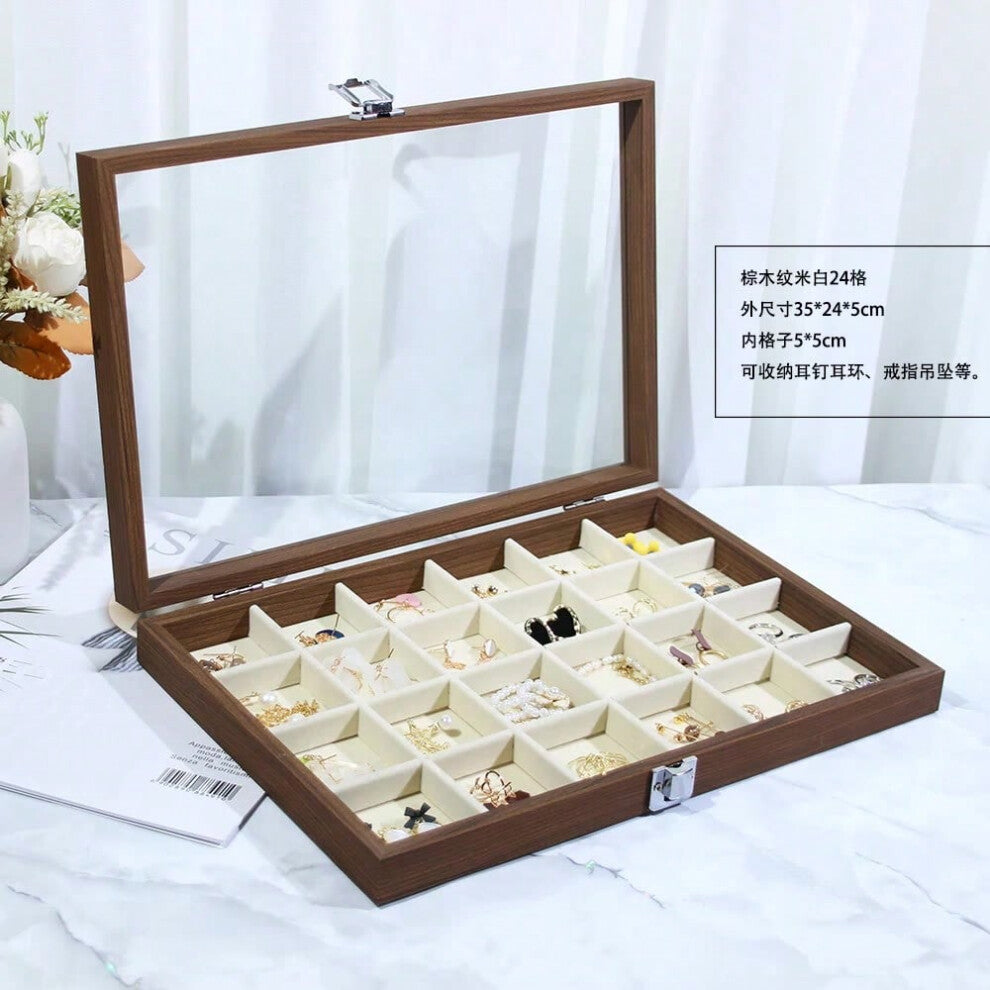 (Walnut wood grain 24-compartment organizer (beige velvet interior)) New Bla Walnut Wood ain Jewelry Storage Box Display Tray Ring Earring Bracelet ow