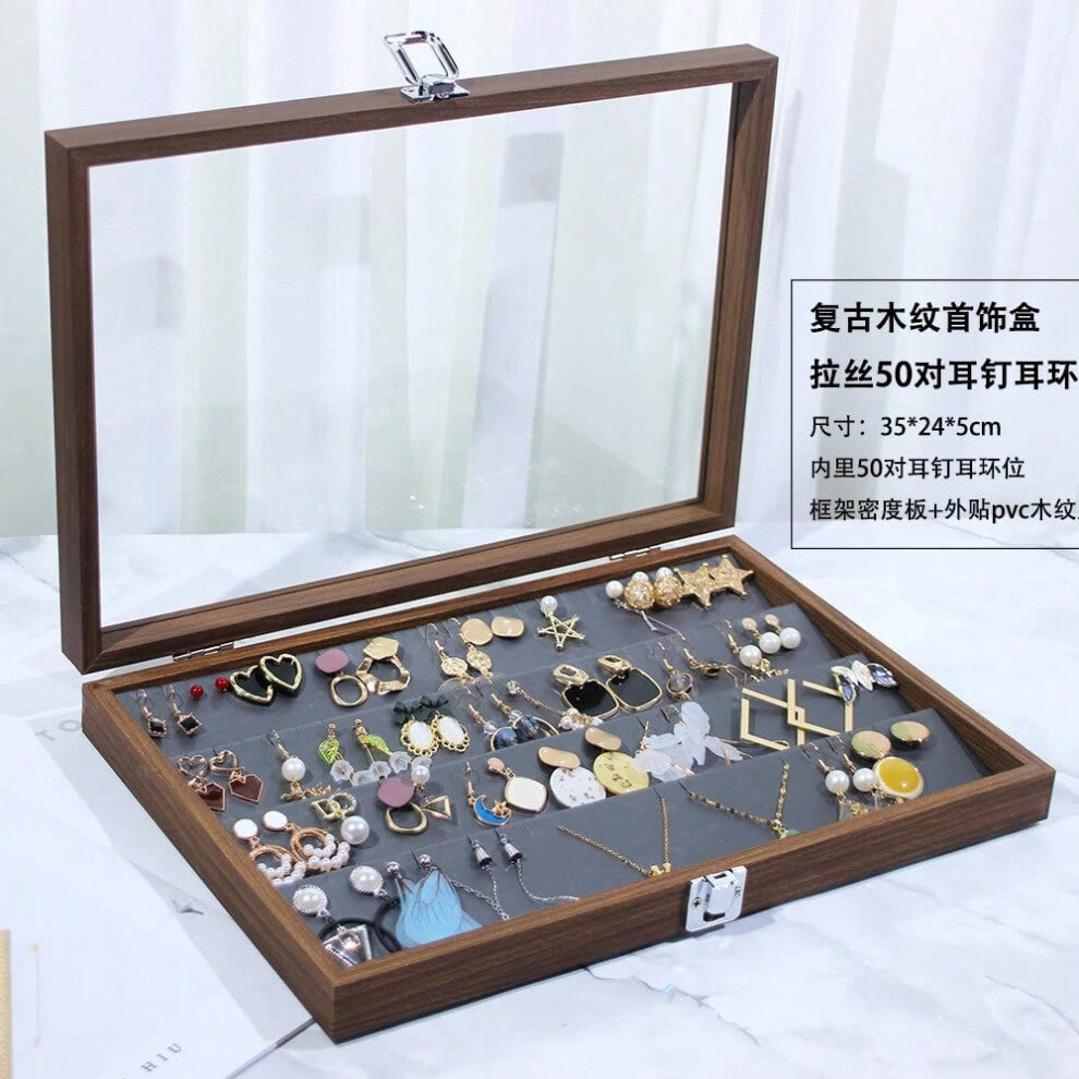 (Walnut grain 50 pairs of earring box (gun gray leather inside)) New Bla Walnut Wood ain Jewelry Storage Box Display Tray Ring Earring Bracelet owcase