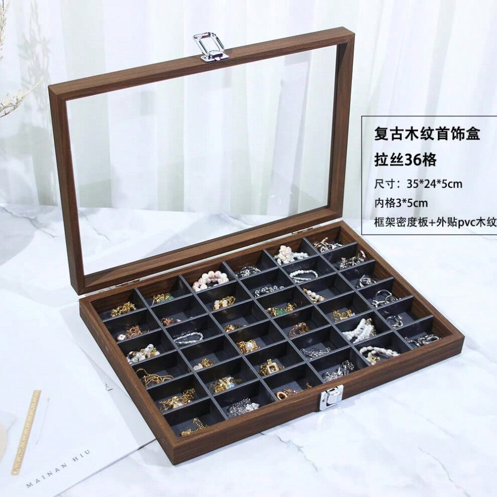 (Walnut wood grain 36-compartment organizer (interior gunmetal gray leather)) New Bla Walnut Wood ain Jewelry Storage Box Display Tray Ring Earring Br