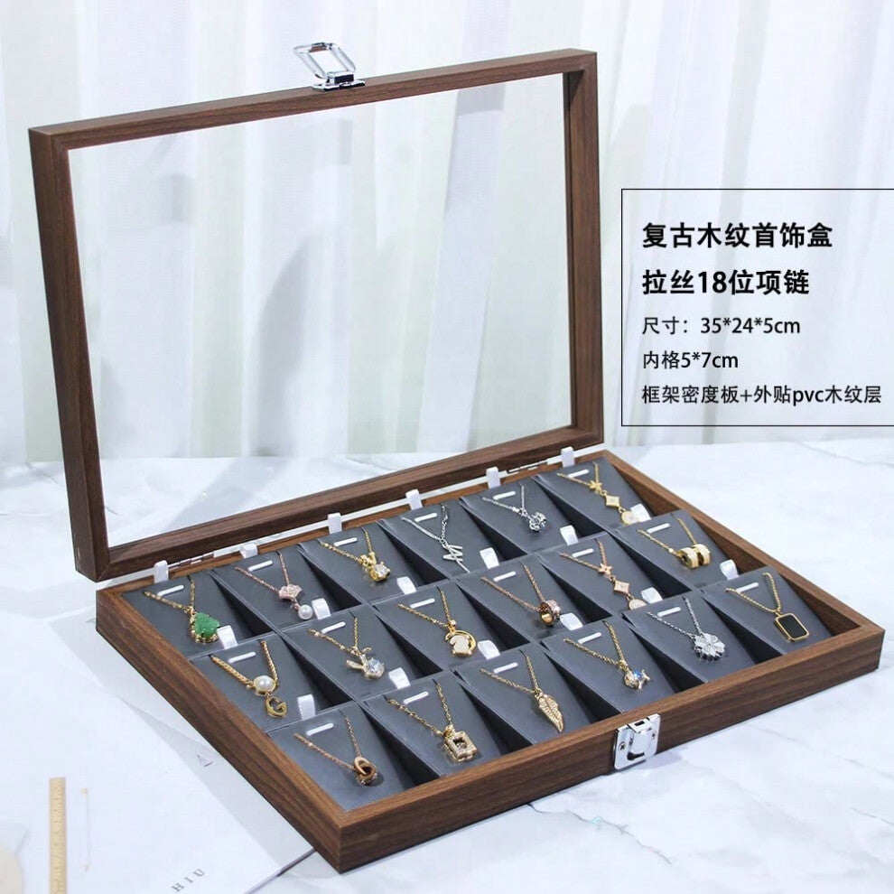 (Walnut wood grain 18-slot necklace box (gunmetal gray leather interior)) New Bla Walnut Wood ain Jewelry Storage Box Display Tray Ring Earring Bracel