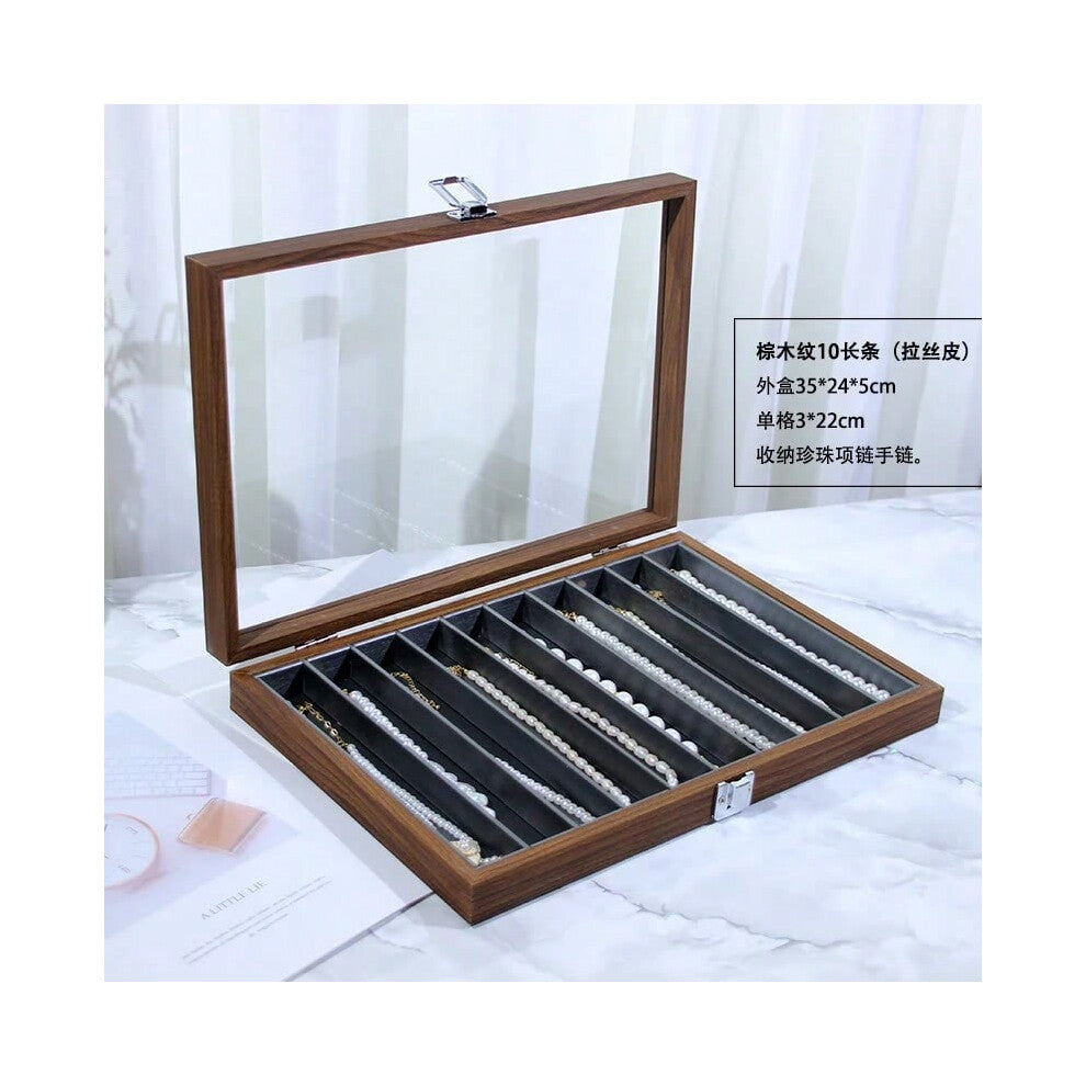 (Walnut wood grain long 10-compartment necklace box (gunmetal gray leather interior)) New Bla Walnut Wood ain Jewelry Storage Box Display Tray Ring Ea
