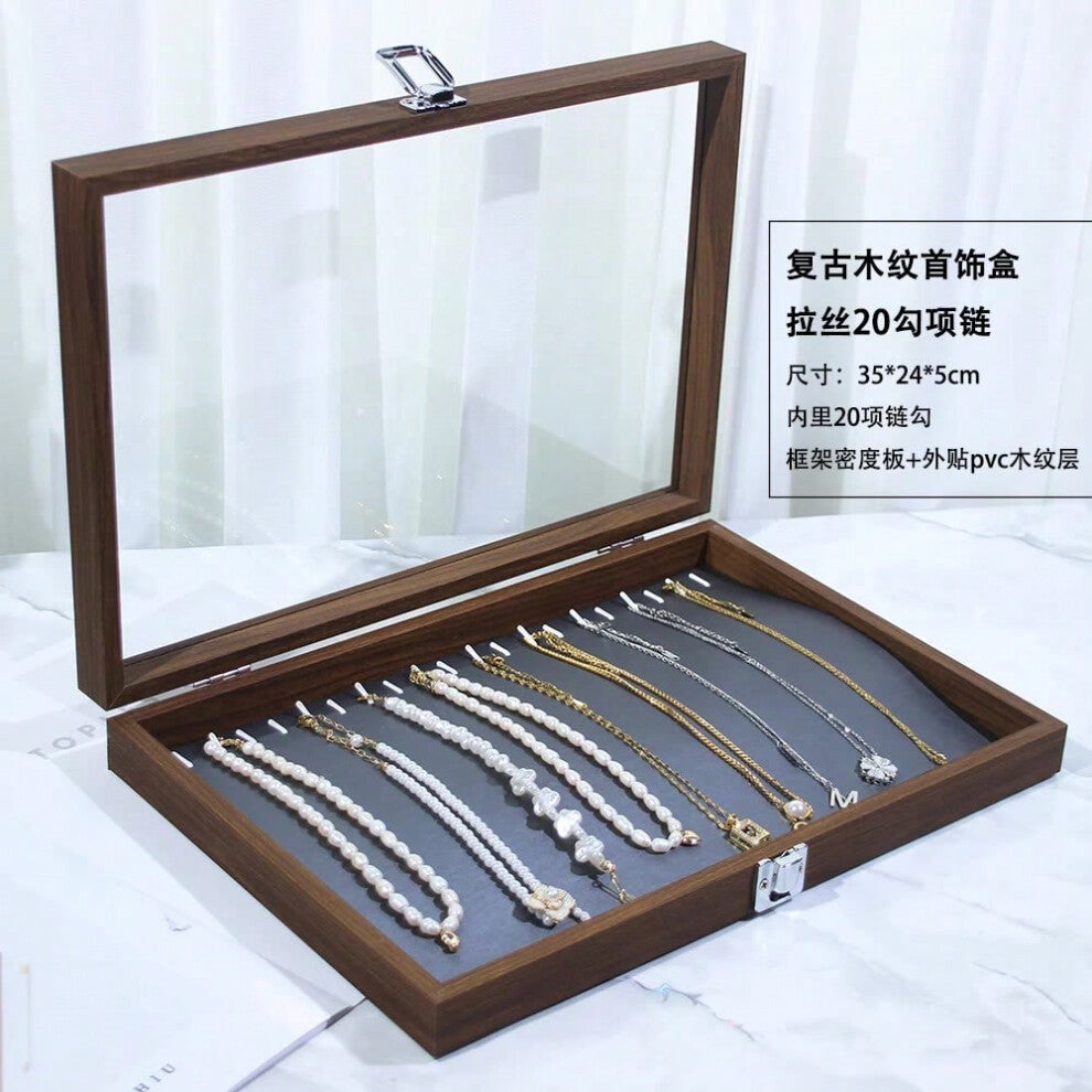(Walnut wood grain 20-hook necklace box (gunmetal gray leather interior)) New Bla Walnut Wood ain Jewelry Storage Box Display Tray Ring Earring Bracel