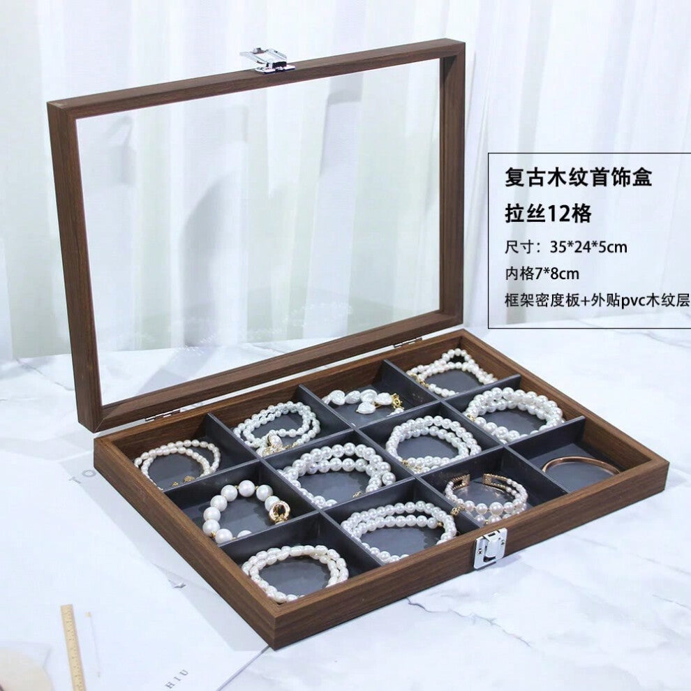 (Walnut wood grain 12-compartment organizer (interior gunmetal gray leather)) New Bla Walnut Wood ain Jewelry Storage Box Display Tray Ring Earring Br
