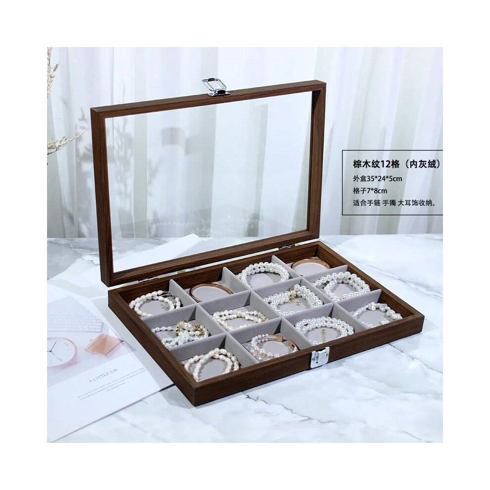 (Walnut wood grain 12-compartment organizer (gray velvet interior)) New Bla Walnut Wood ain Jewelry Storage Box Display Tray Ring Earring Bracelet owc