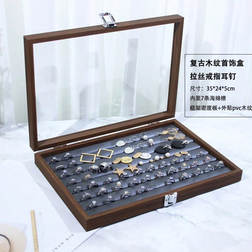 (Walnut wood grain ring & earring box (gunmetal gray leather interior)) New Bla Walnut Wood ain Jewelry Storage Box Display Tray Ring Earring Bracelet