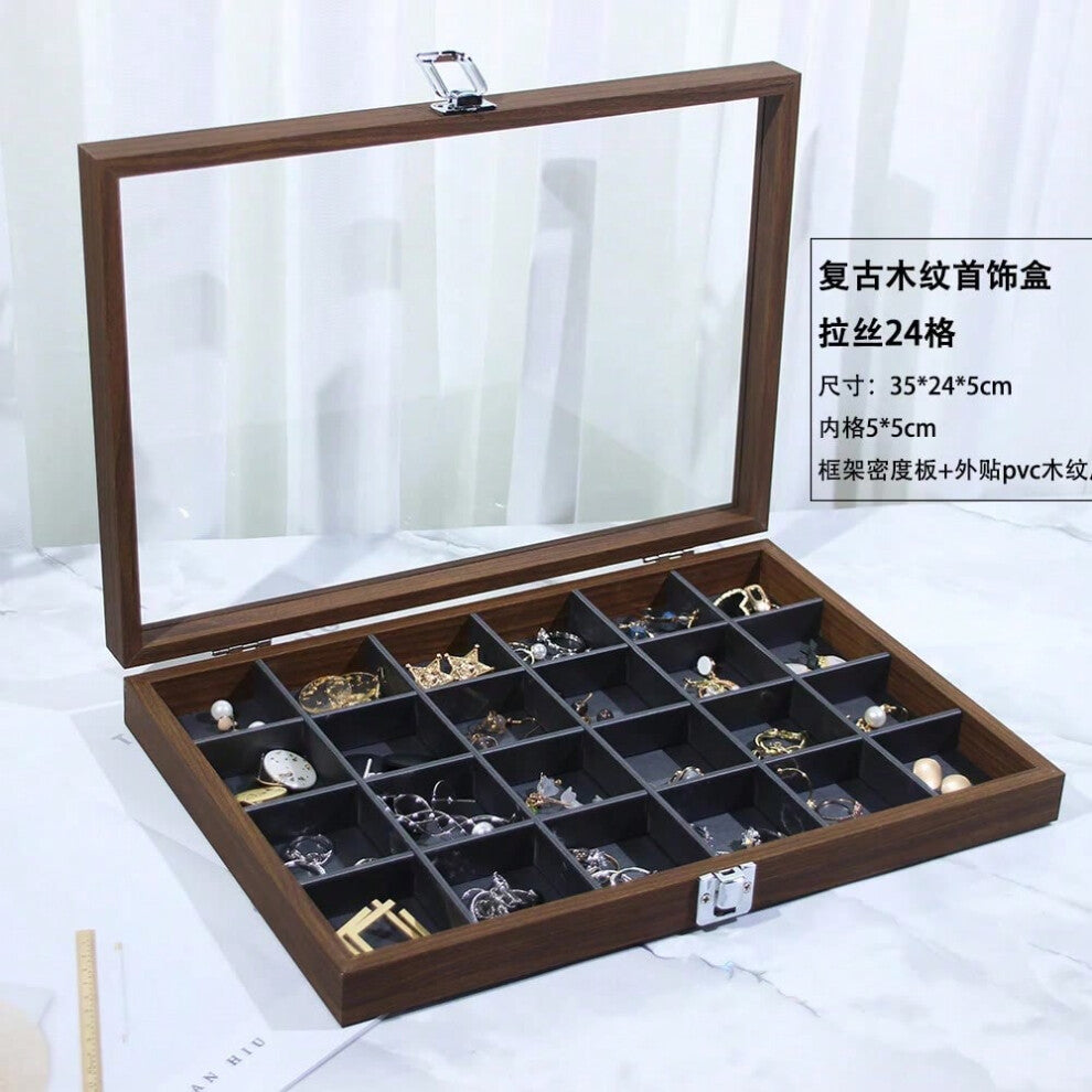 (Walnut wood grain 24-compartment organizer (interior gunmetal gray leather)) New Bla Walnut Wood ain Jewelry Storage Box Display Tray Ring Earring Br