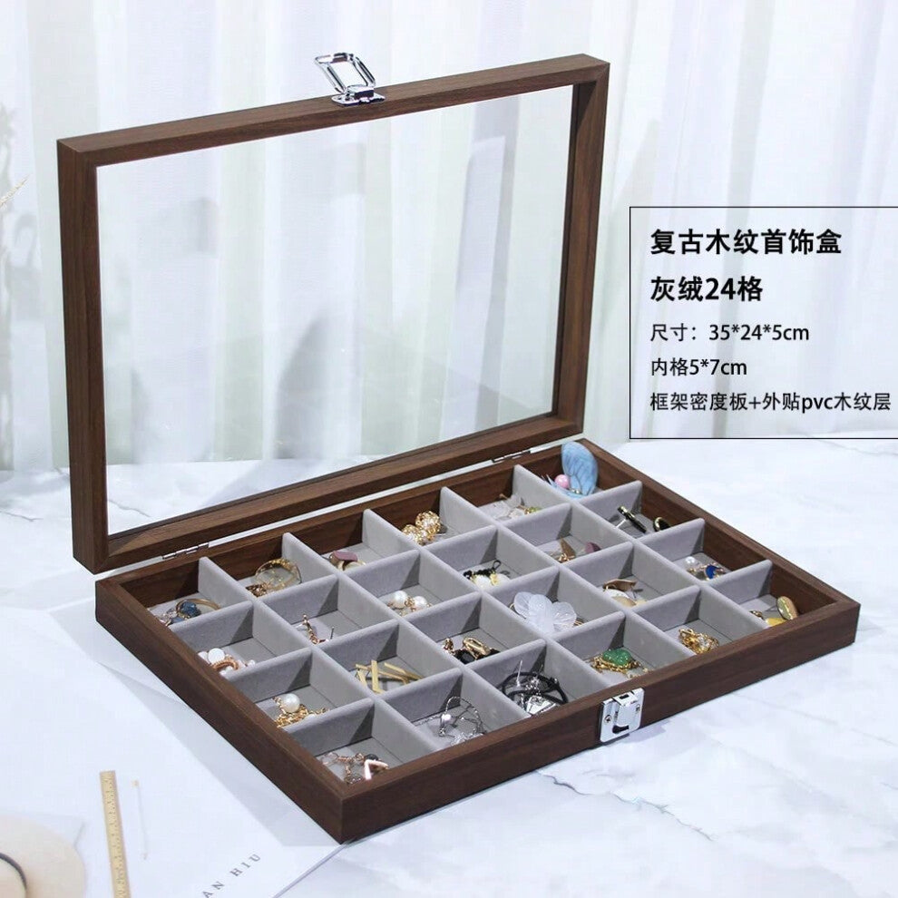 (Walnut wood grain 24-compartment organizer (gray velvet interior)) New Bla Walnut Wood ain Jewelry Storage Box Display Tray Ring Earring Bracelet owc