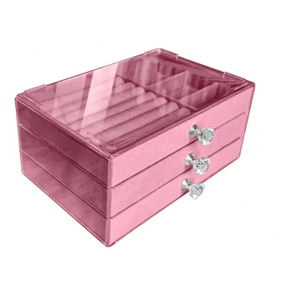 (B-Pink) New Capacity High-grade Exquisite Anti-oxidation Three Drawer Desktop Jewelry Bracelet Ring Jewelry Large Storage Box