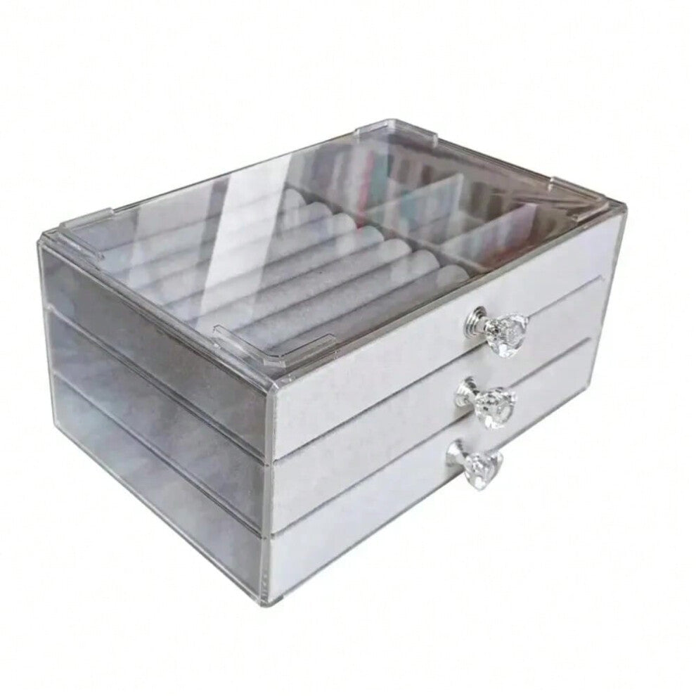 (B-Grey) New Capacity High-grade Exquisite Anti-oxidation Three Drawer Desktop Jewelry Bracelet Ring Jewelry Large Storage Box