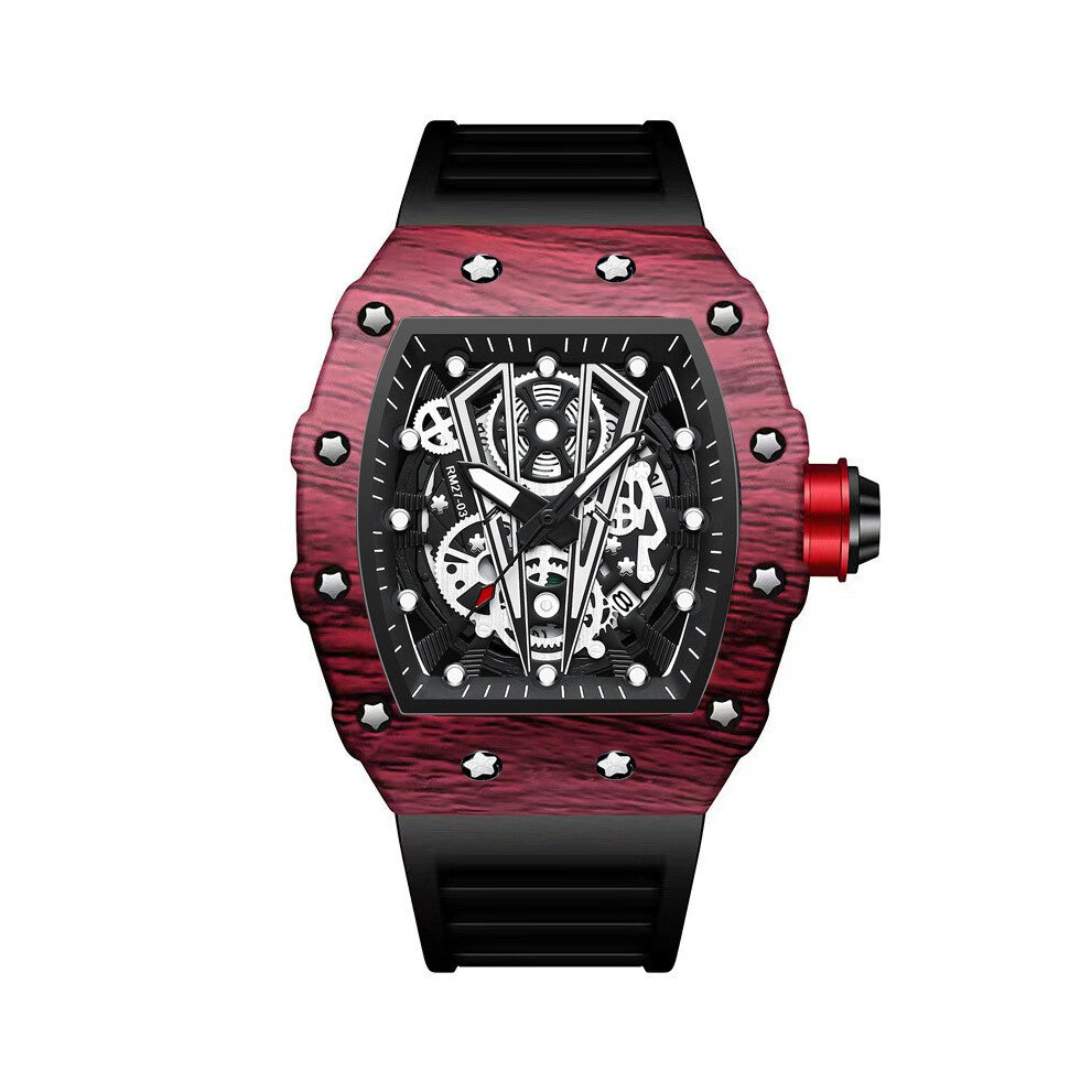 (Black silicone - red shell - black surface) A powerful wine barrel men's watch with a curved mirror and a skeletonized face for sports men's watches
