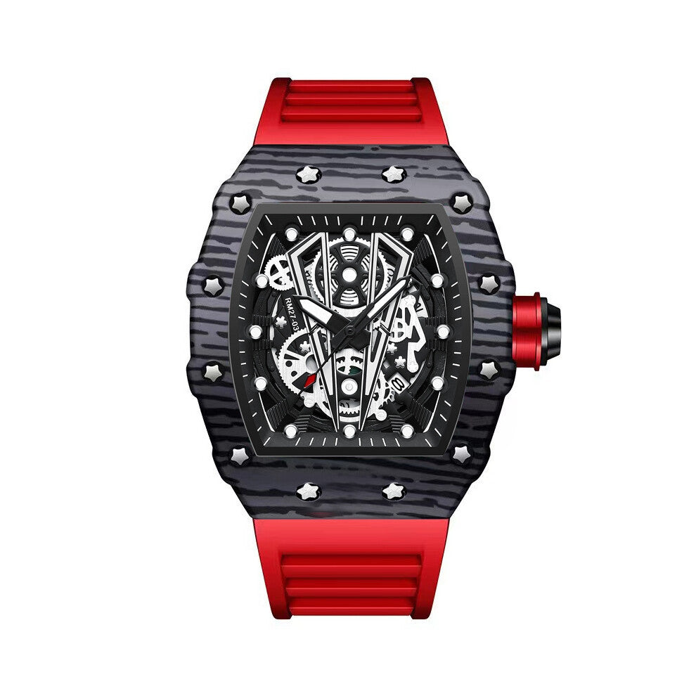 (Red silicone - black shell - black surface) A powerful wine barrel men's watch with a curved mirror and a skeletonized face for sports men's watches