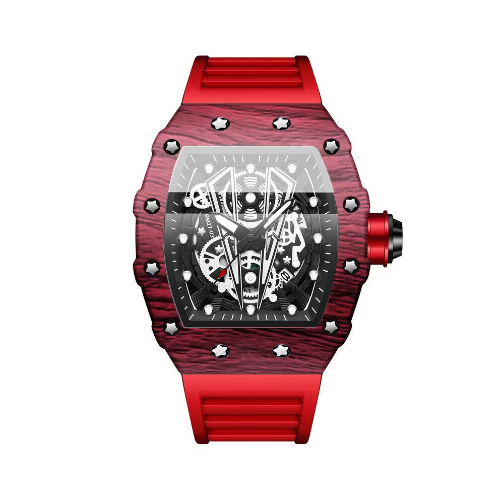 (Red silicone - red shell - black surface) A powerful wine barrel men's watch with a curved mirror and a skeletonized face for sports men's watches