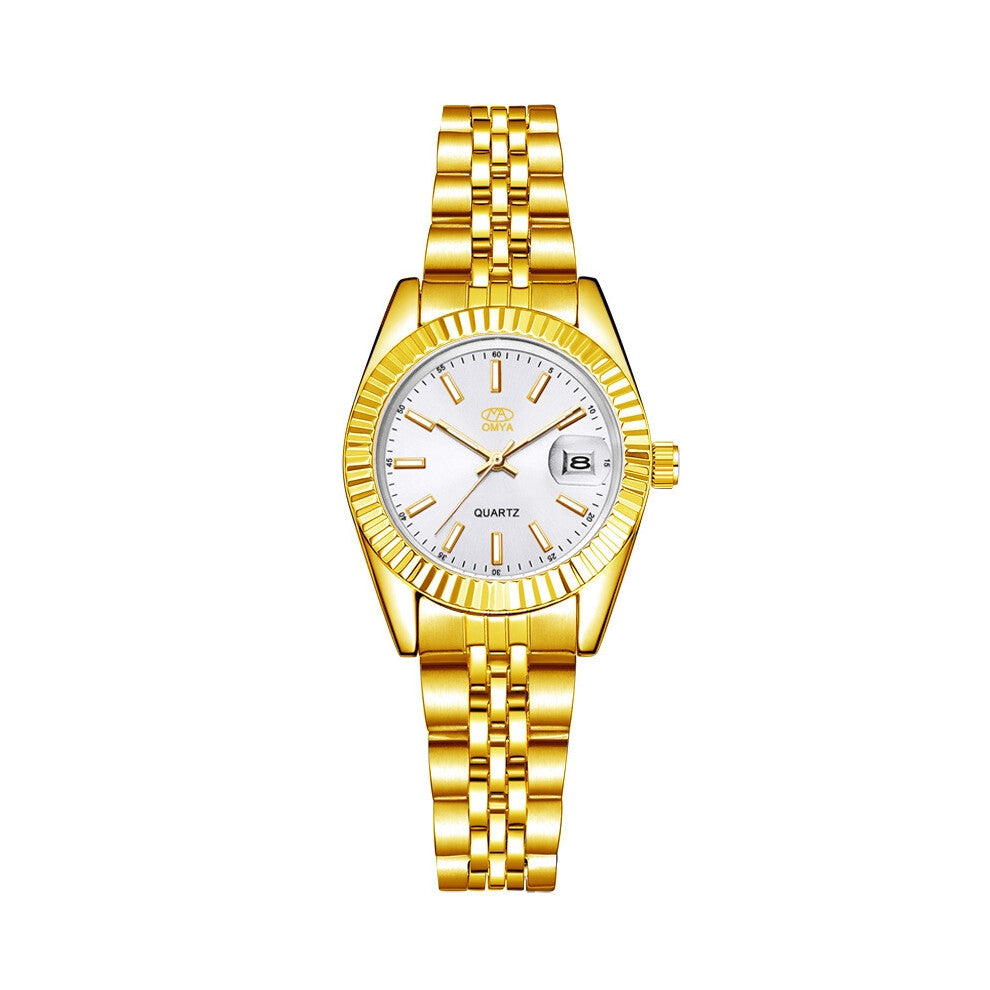 (Golden ribbon and white face - Female) Couple watches with quartz, men's and women's watches in gold