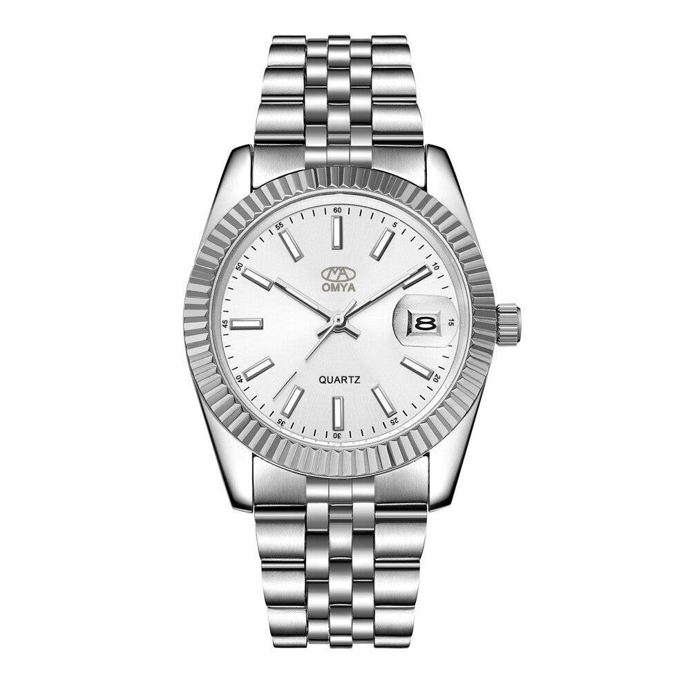 (Silver ribbon and white face - male) Couple watches with quartz, men's and women's watches in gold