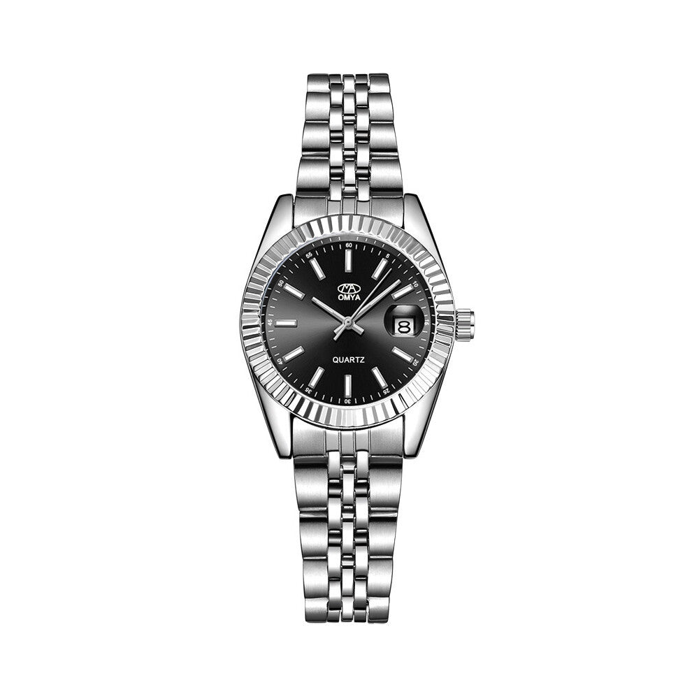 (Silver ribbon and black face - female) Couple watches with quartz, men's and women's watches in gold