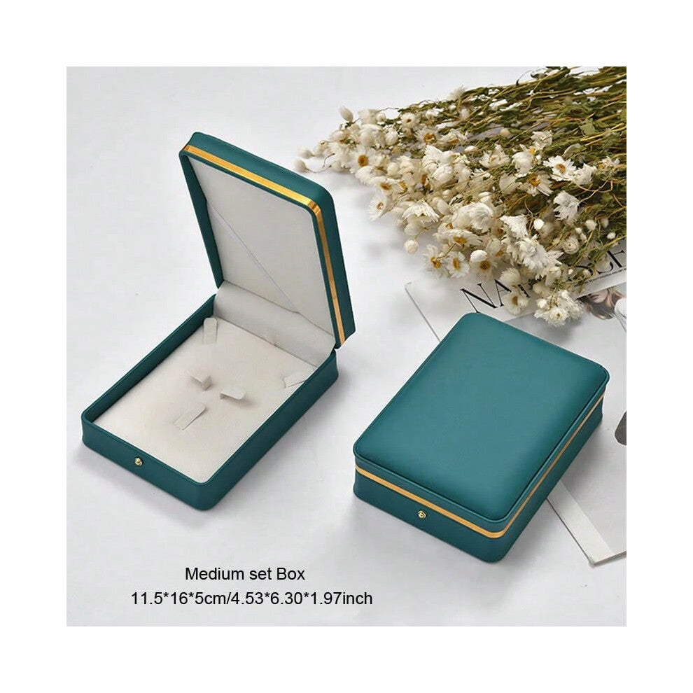 (blue green mediumset) 1pc Luxury PU Leather Jewelry Packing Box Ring Earrings Necklace Bracelet Jewellery Display Storage Case For Wedding Engagement