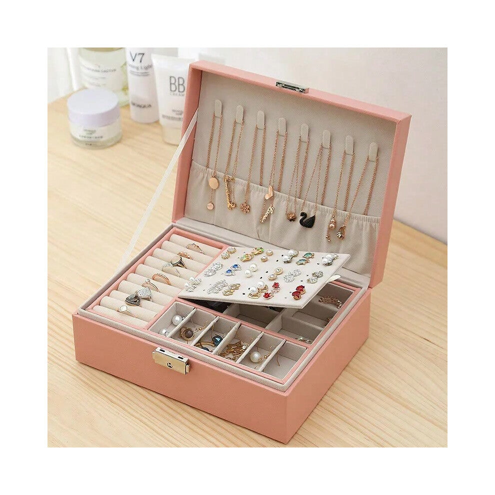 (Pink) Large Capacity Lockable High-grade Exquisite Household Necklace Earring Jewelry Storage Box