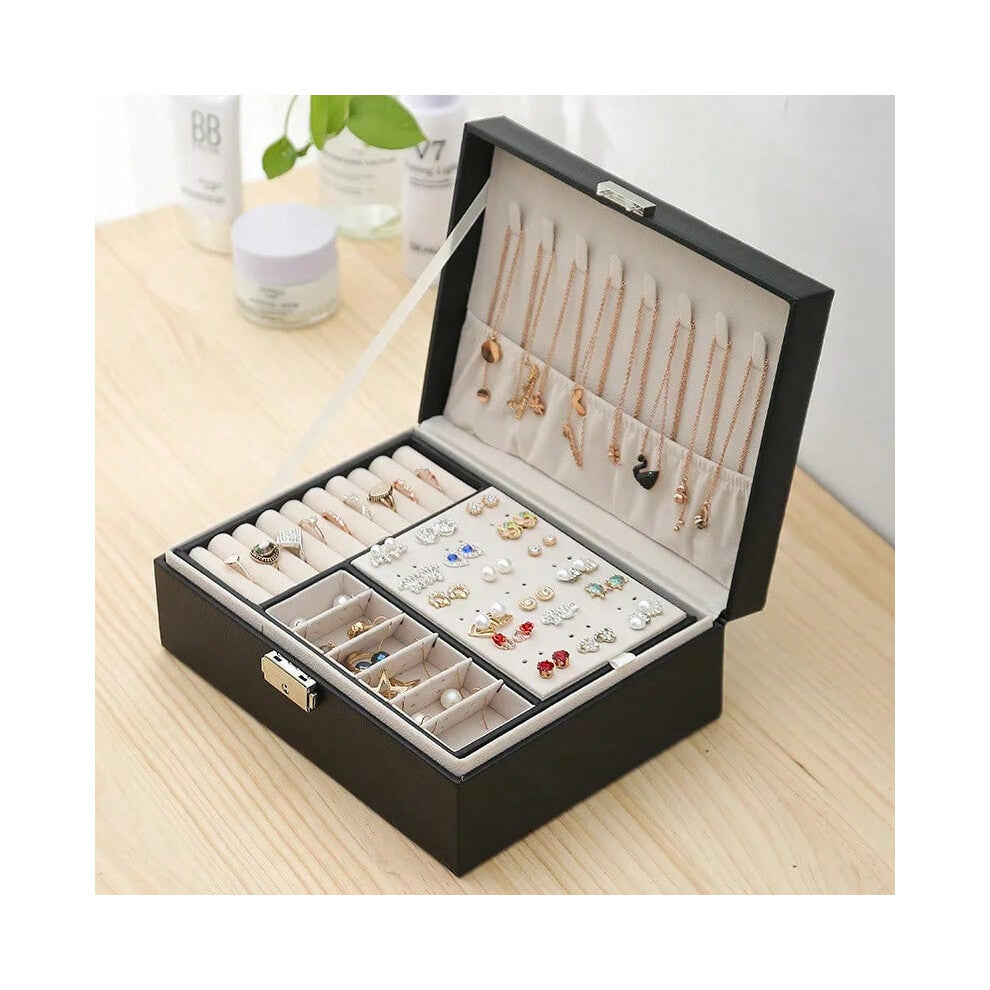 (black) Large Capacity Lockable High-grade Exquisite Household Necklace Earring Jewelry Storage Box