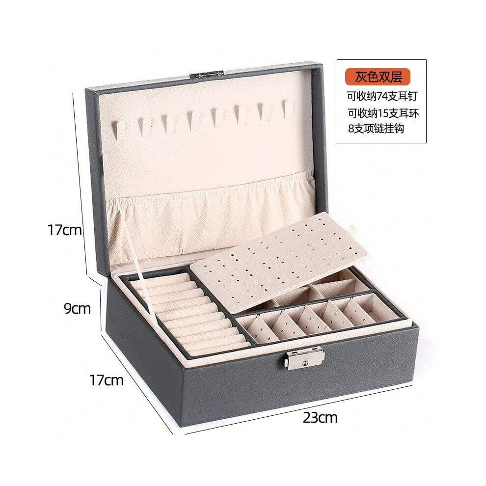 (GRAY) Large Capacity Lockable High-grade Exquisite Household Necklace Earring Jewelry Storage Box