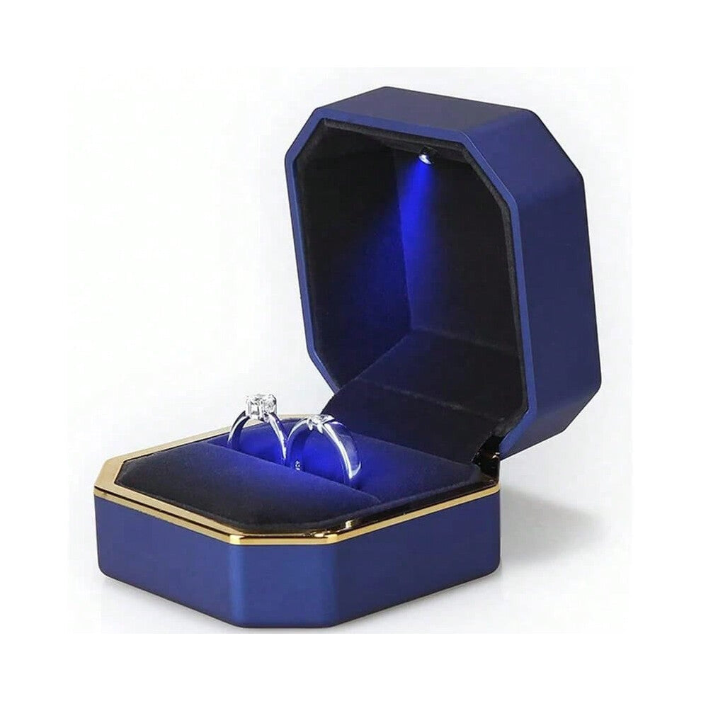 (Blue) Luxury Ring Box With Led Light Wedding Ring Case Jewelry Gift Box Proposal Engagement Diamond Ring Storage Display Box