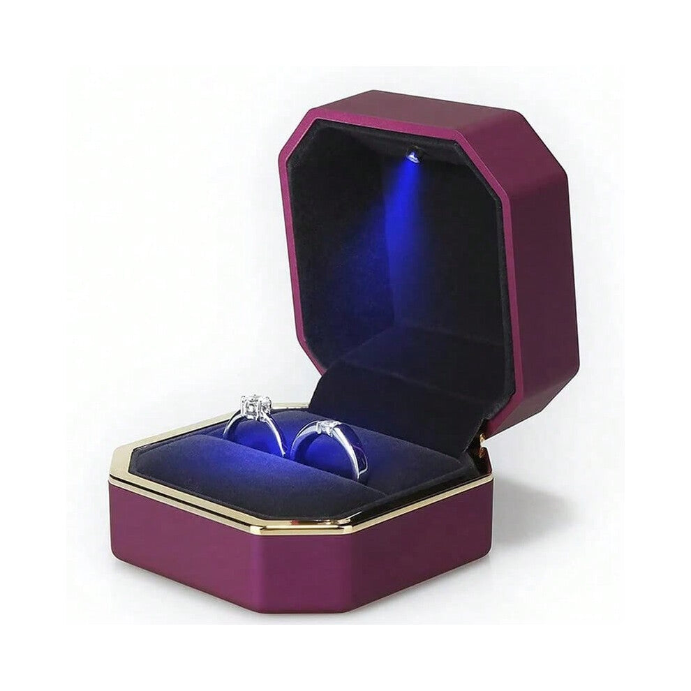 (Purple) Luxury Ring Box With Led Light Wedding Ring Case Jewelry Gift Box Proposal Engagement Diamond Ring Storage Display Box