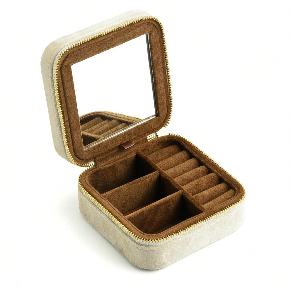 (Milk Coffee-1, M) TAIMY Vintage Velvet Travel Jewelry Storage Ring Box Flip with Mirror Organizer Support Logo Custom Retro Green Jewelry Box