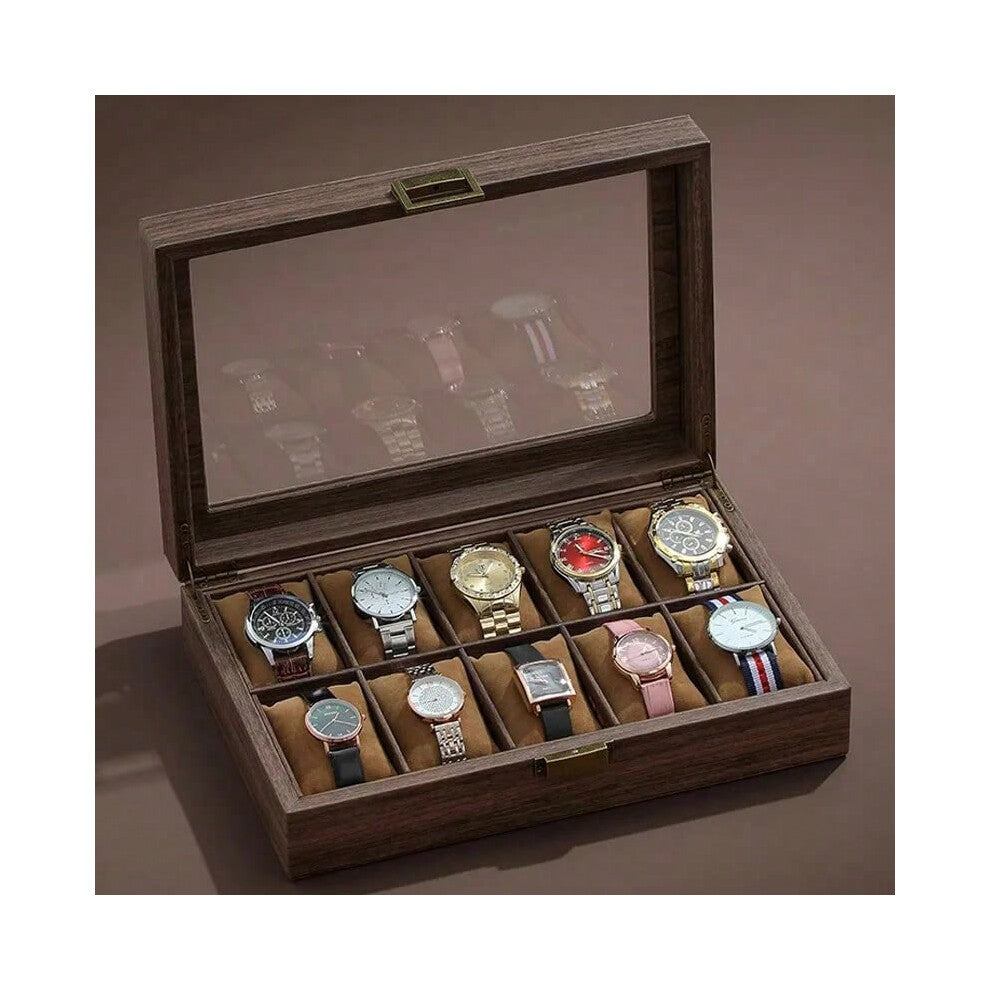 (Wood grain 10 only) PU Leather Watch Box Organizer Watch Case with Glass Top